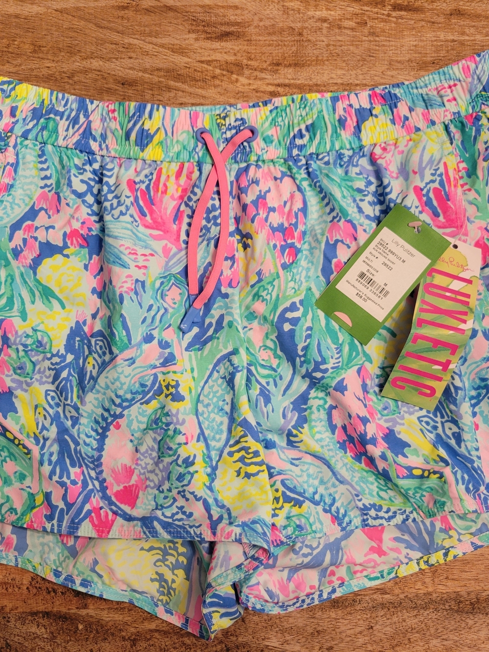 Lilly Pulitzer Pastel Floral & Ocean Print Athletic Shorts with Pink Drawstring